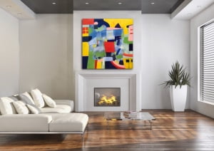 large colorful encaustic painting in living room